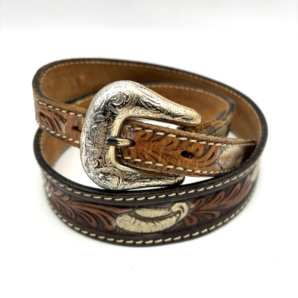 Vintage Wrangler Brown Genuine Leather Floral Tooled Painted Western Belt 27-31" - Picture 1 of 15